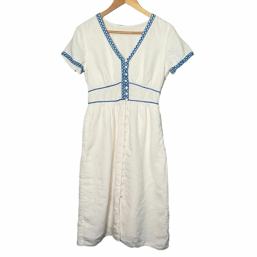 J. Crew 100% Linen Embroidered White Midi Dress with Blue Trim V-Neck, US 6 - Picture 2 of 16
